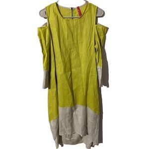 Ic By Connie K Linen Open Shoulder Midi Dress Green Grey EUC Size Small